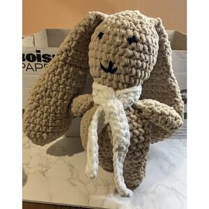 Handmade Crochet Bunny Snuggler Brown With Scarf Bunny Lovey Snuggler Rabbit 12”